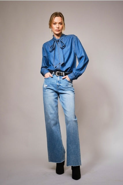 Tie Neck Chambray Denim Button Up Blouse - Blue B - RARA Boutique 