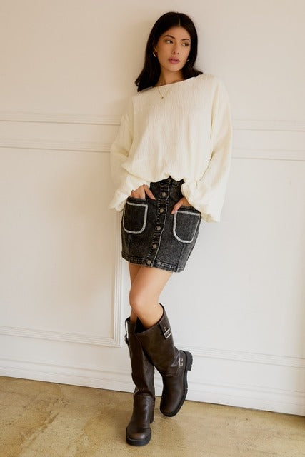 Button Up Contrast Stitch Denim Mini Skirt with Patch Pockets - Sunday Edition - RARA Boutique 