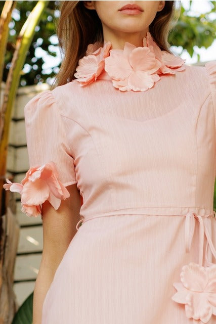 3D Floral Trim High Neck Short Sleeve Midi Dress - EB Luxe - RARA Boutique 