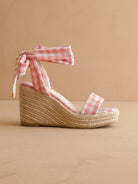 RARA Boutique Gingham Espadrille Wrap Wedge Sandals with ankle ties and cork wedge heel, stylish and comfortable for summer wear.