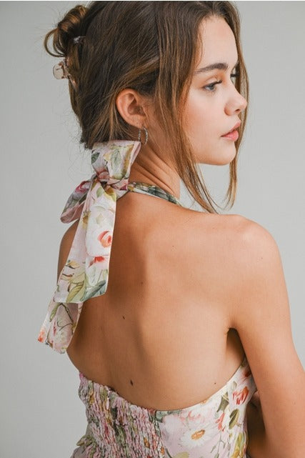 Floral Halter A-Line Mini Dress with Ruffle Hem - Le Cliche - RARA Boutique 