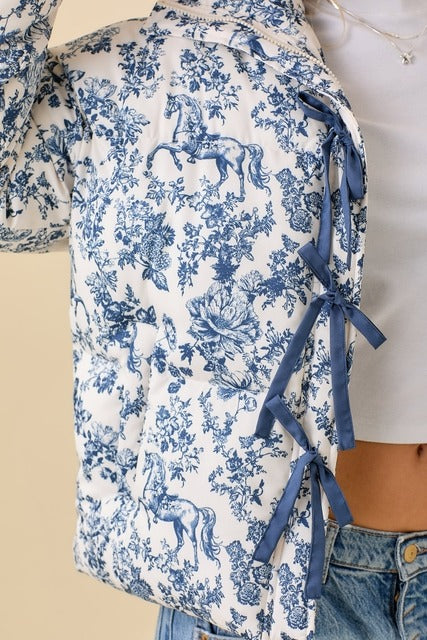 Vintage Horse Toile Print Puffer Jacket with Bows - Main Strip - RARA Boutique 