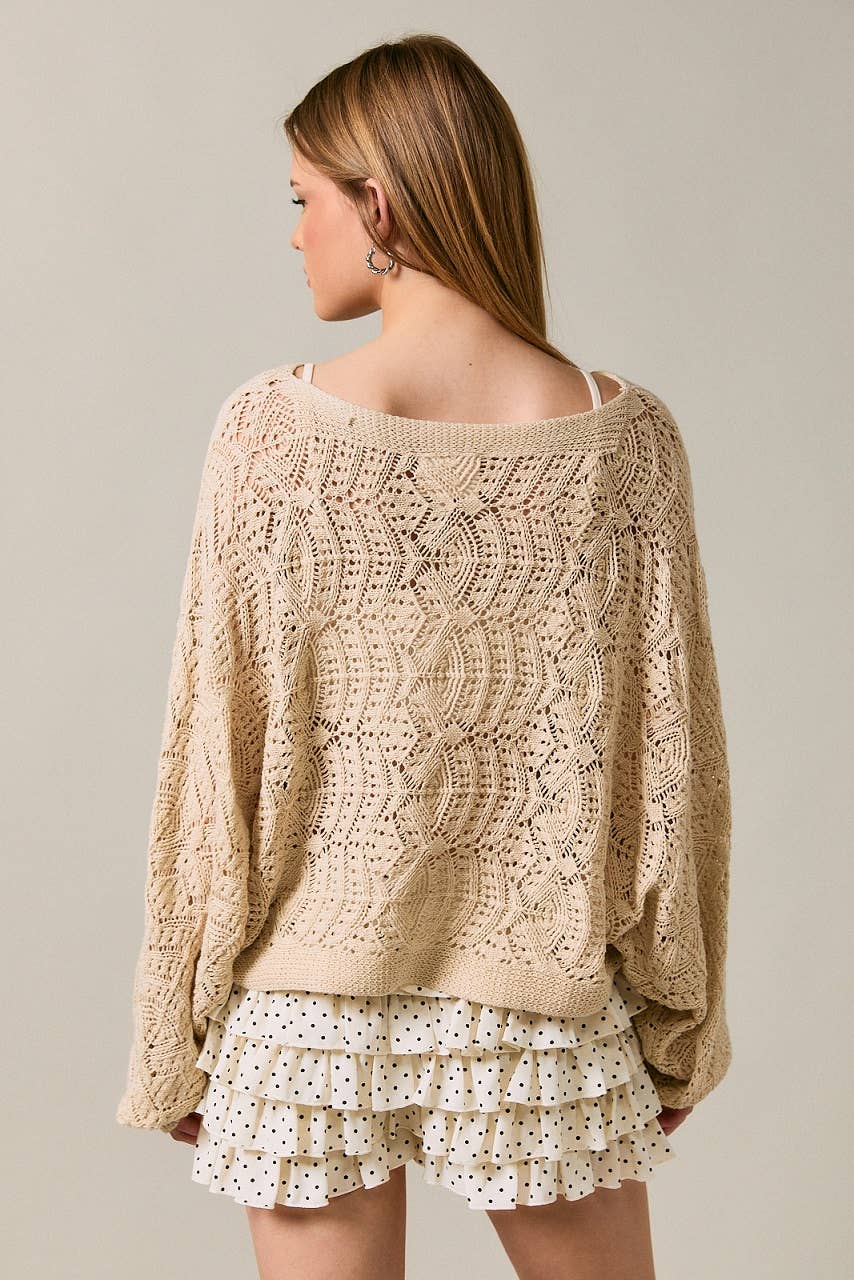 Long sleeve crochet cardigan by LE LIS featuring intricate knit pattern and lightweight fabric, displayed on a neutral background.