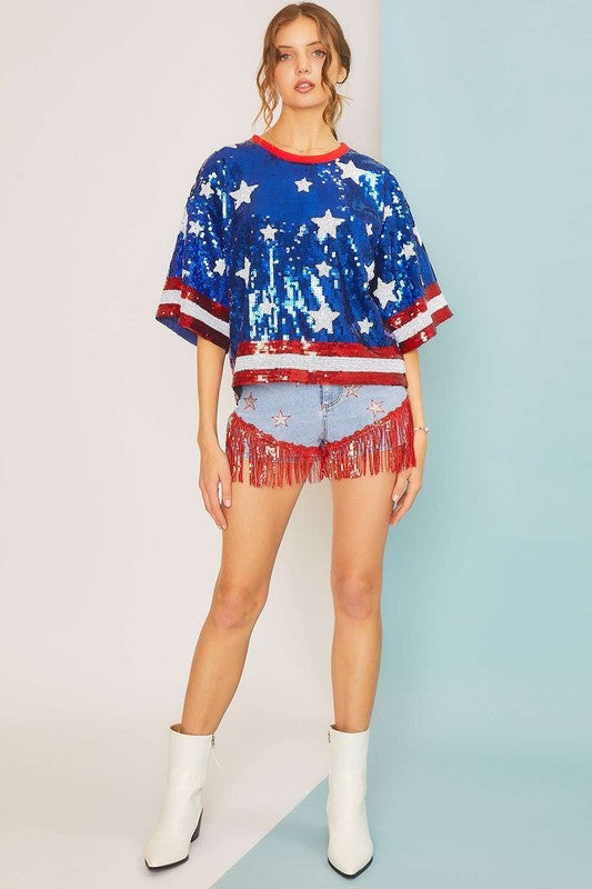 4th of July Star Print Sequin Crop Top - RARA Boutique 