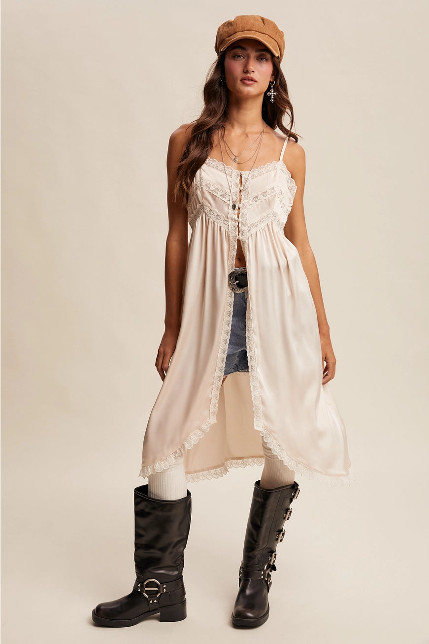 RARA Boutique satin lace trim maxi cami top featuring elegant lace detailing and a smooth satin fabric in a stylish design