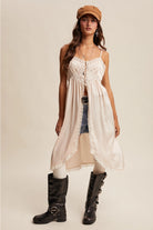 RARA Boutique satin lace trim maxi cami top featuring elegant lace detailing and a smooth satin fabric in a stylish design