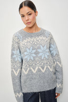 Pretty Garbage RIA FAIRE ISLE crewneck knitted pullover, soft textured knit sweater in a relaxed fit, displayed flat.