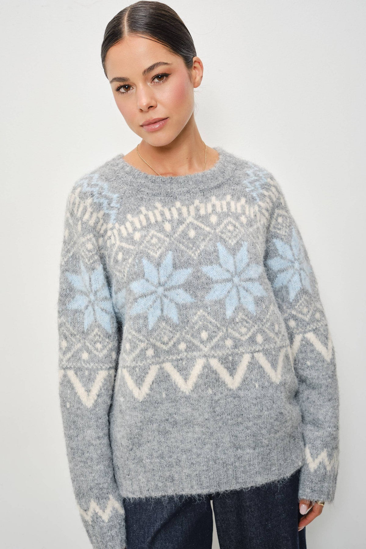 Pretty Garbage RIA FAIRE ISLE crewneck knitted pullover, soft textured knit sweater in a relaxed fit, displayed flat.