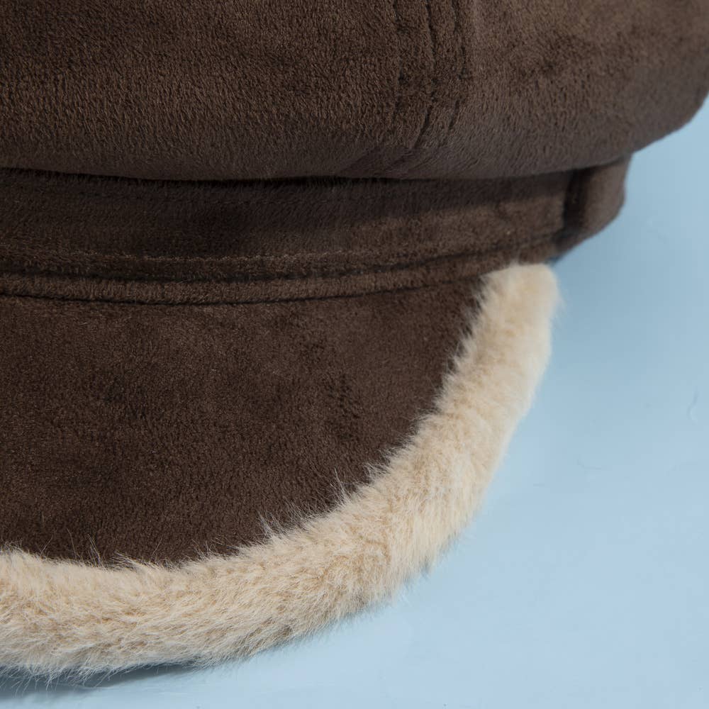 Vegan suede newsboy cabbie hat with plush trim, stylish headwear from Collections by Fame Accessories featuring classic design and texture.