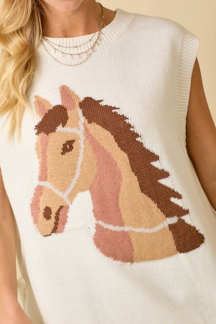 Western Horse Oversized Sleeveless Sweater Vest Top - Main Strip - RARA Boutique 