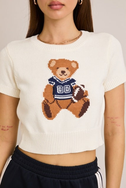 Short Sleeve Football Teddy Bear Sweater Crop Top - Le Lis - RARA Boutique 
