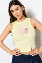 RARA Boutique embroidered hibiscus flower ribbed tank top with colorful flower embroidery on a fitted sleeveless design