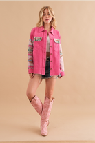 Aztec Contrast Sleeve Corduroy Button Up Shirt Jacket - Blue B - RARA Boutique 