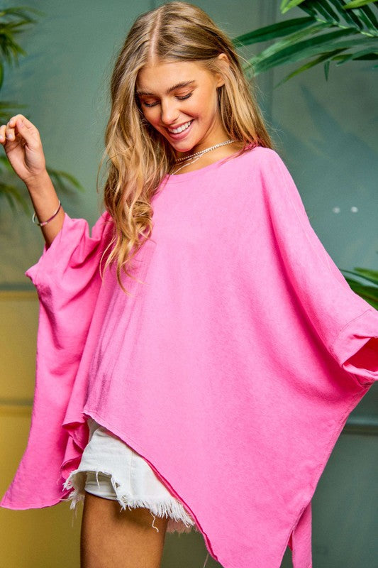 Solid Round Neck Loose Fit Kimono Sleeve Top - RARA Boutique 