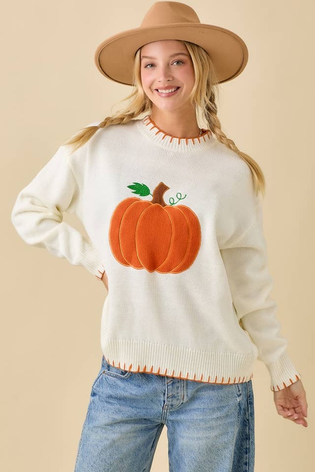 Textured Pumpkin Patch Sweater Knit Top with Stitching Detail - Main Strip - RARA Boutique 
