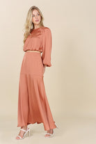 Satin Long Sleeve Top with Maxi Skirt Set - RARA Boutique 