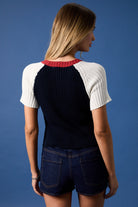American flag raglan knit blouse by RARA Boutique featuring short sleeves and a casual, stylish design.