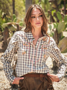 Long-Sleeve Gingham Western Embroidered Button Down Blouse - Blue B - RARA Boutique 