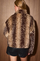 LE LIS faux deer print high neck zip jacket featuring a stylish high collar and zip closure with a faux deer pattern.