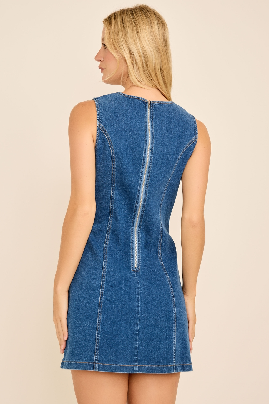 RARA Boutique Coastal Charm embellished stretch denim mini dress with striped design, featuring decorative details and a fitted silhouette.