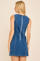 RARA Boutique Coastal Charm embellished stretch denim mini dress featuring striped pattern and decorative details.