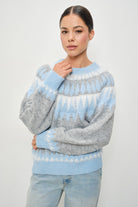 Pretty Garbage Kenzie Faire Isle crewneck pullover, soft knit sweater in pastel pink with ribbed cuffs and neckline.