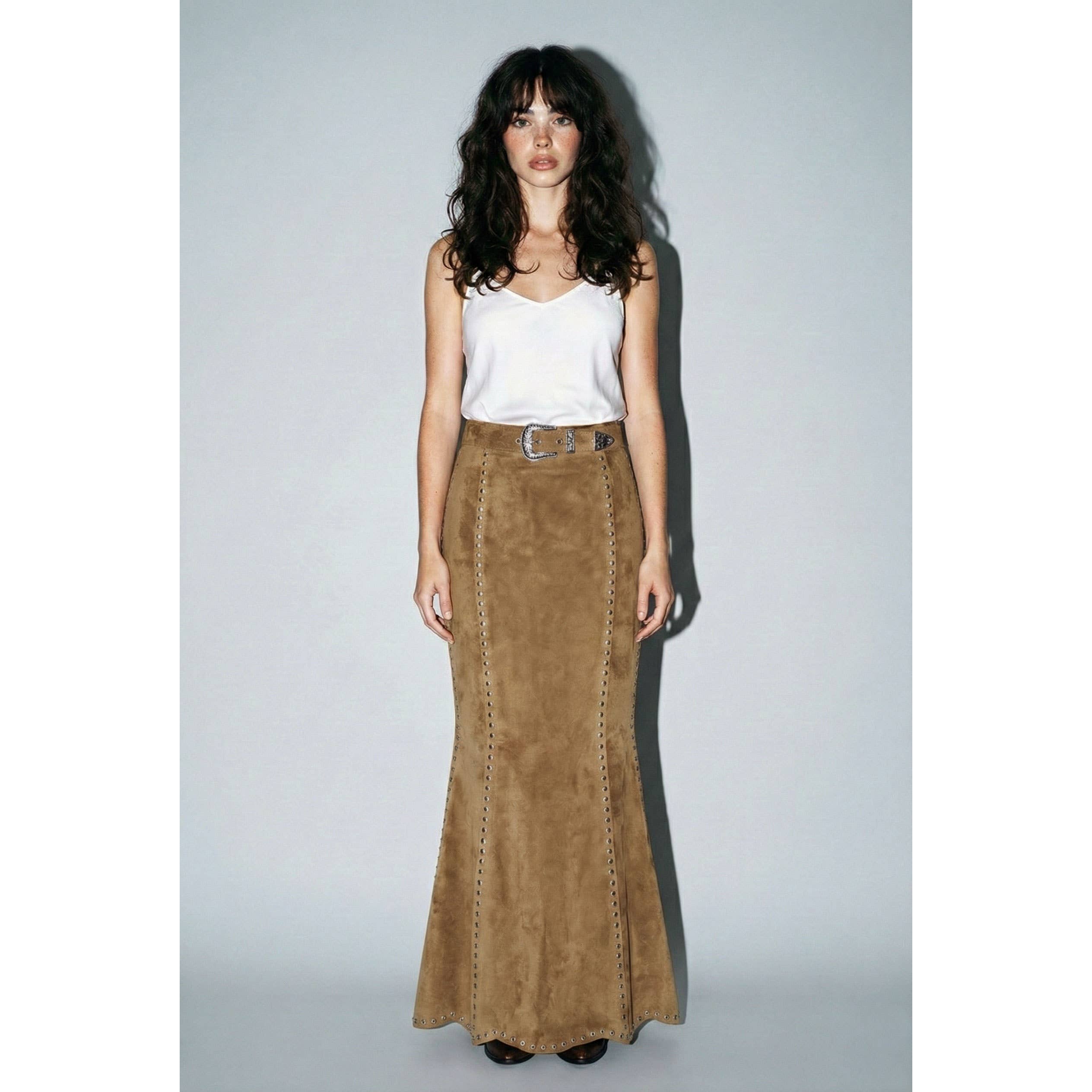 Skylar Rose suede studded maxi skirt in tan with silver stud details, flowing design, and high waist.