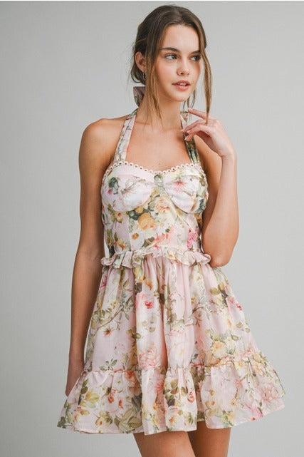 Floral Halter A-Line Mini Dress with Ruffle Hem - Le Cliche - RARA Boutique 
