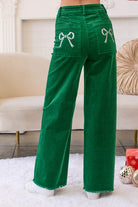 Corduroy Trouser Pants With Embroidered Ribbon Bow Pockets - Main Strip - RARA Boutique 