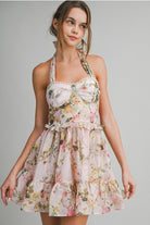 Floral Halter A-Line Mini Dress with Ruffle Hem - Le Cliche - RARA Boutique 