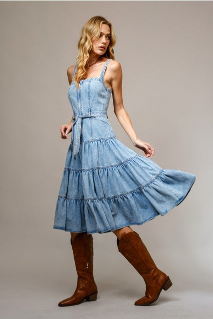 Garment Washed Denim Tiered Midi Dress with Zip Front - Blue B - RARA Boutique 