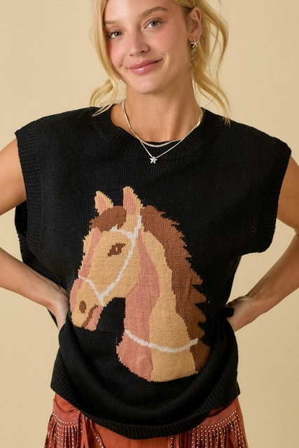 Western Horse Oversized Sleeveless Sweater Vest Top - Main Strip - RARA Boutique 