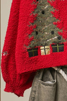 Mello Christmas Tree embroidered soft cardigan featuring festive holiday design, cozy knit fabric, perfect for winter wear.