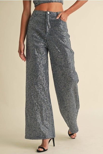 Striped Sequin Wide Leg Jeans - EB Luxe - RARA Boutique 