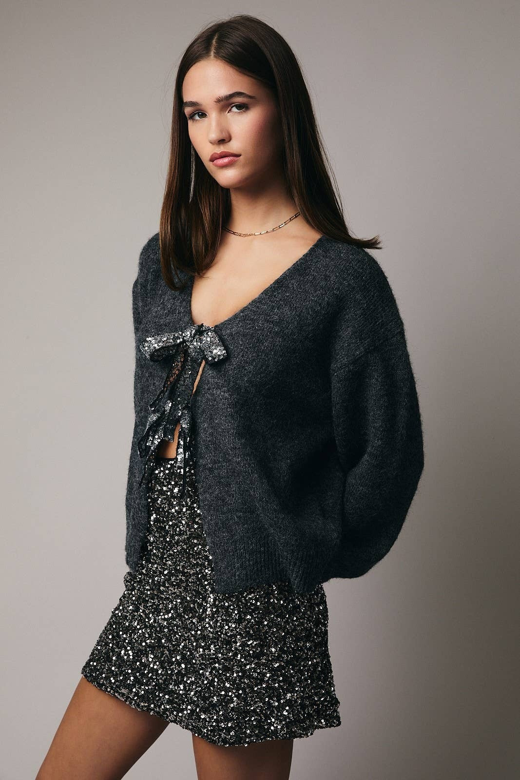 Sequin Tie Front Cardigan Sweater - Sunday Edition - RARA Boutique 