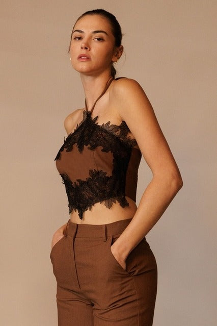 Floral Lace Trim Halter Neck Crop Top - EB Luxe - RARA Boutique 