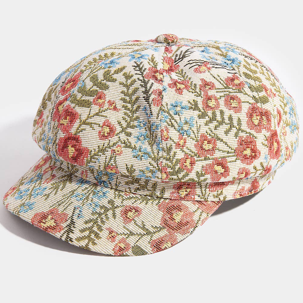 Floral tapestry newsboy cabbie hat by Collections by Fame Accessories, featuring a vintage-inspired floral fabric and classic newsboy design.