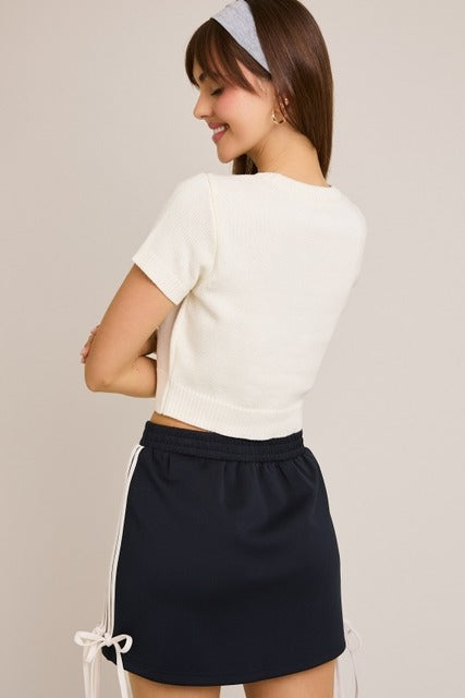 Short Sleeve Football Teddy Bear Sweater Crop Top - Le Lis - RARA Boutique 
