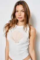 Embroidered seashell ribbed tank top from RARA Boutique, featuring a fitted design with embroidered seashell details.