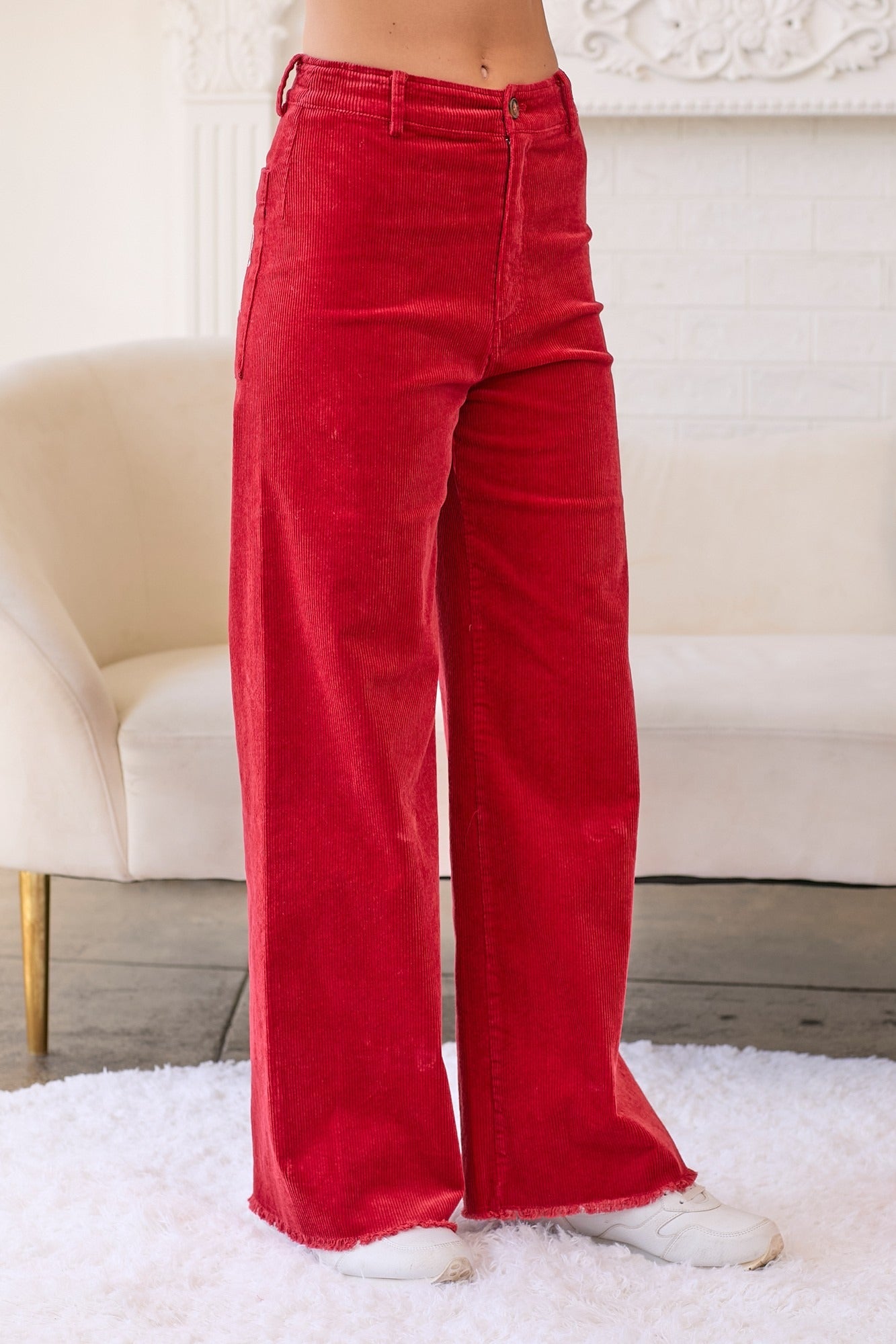 Corduroy Trouser Pants With Embroidered Ribbon Bow Pockets - Main Strip - RARA Boutique 