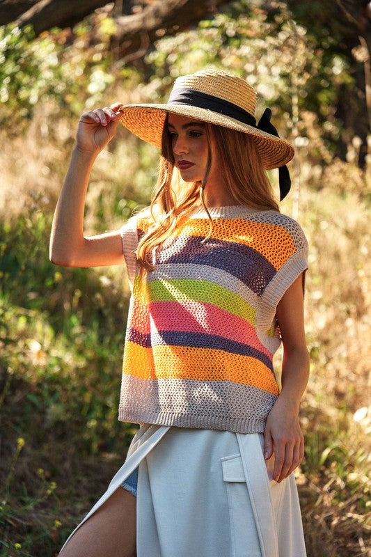 Crochet Multi Striped Pullover Knit Sweater Vest - RARA Boutique 