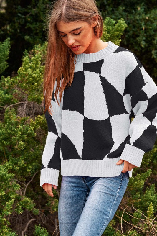 Wavy Checker Print Pullover Knit Sweater Top - RARA Boutique 