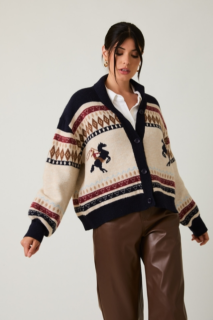 Western Horse & Cowgirl Fair Isle Cardigan Sweater - Sunday Edition - RARA Boutique 