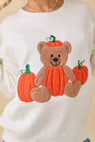 Textured Pumpkin Teddy Bear Embroidered Patchwork Sweater - Main Strip - RARA Boutique 