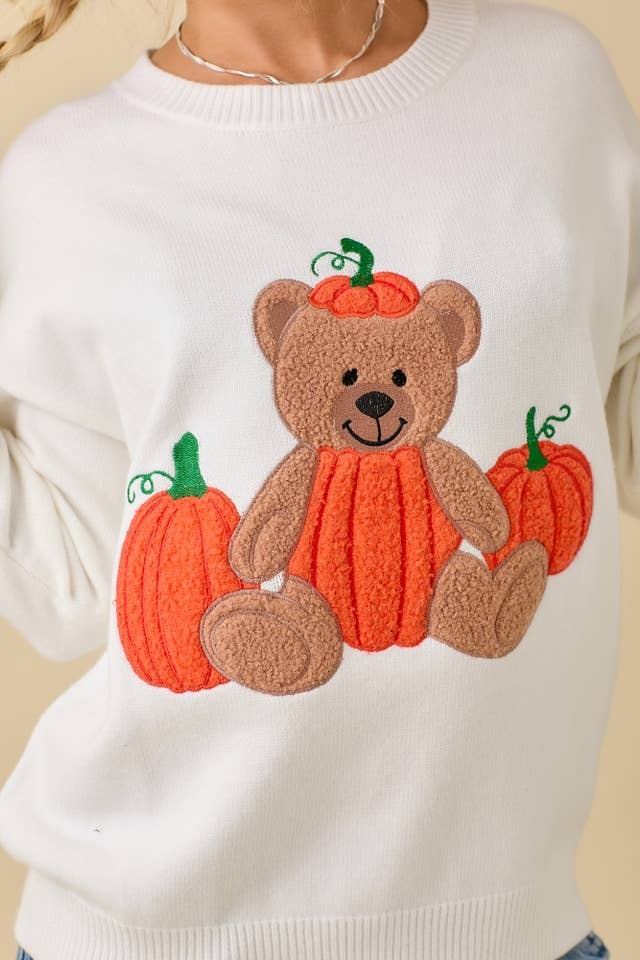 Textured Pumpkin Teddy Bear Embroidered Patchwork Sweater - Main Strip - RARA Boutique 
