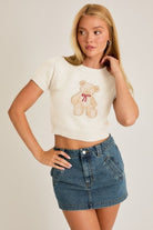 Short Sleeve Crew Neck Teddy Bear Sweater Crop Top - Le Lis - RARA Boutique 