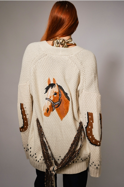 Western Horse & Horseshoe Belted Cardigan Sweater - Blue B - RARA Boutique 