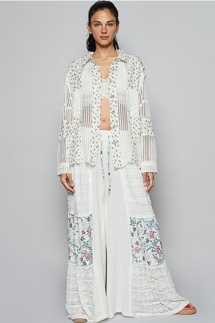 Floral Gauze Patch Crochet Button Down Shirt - POL - RARA Boutique 