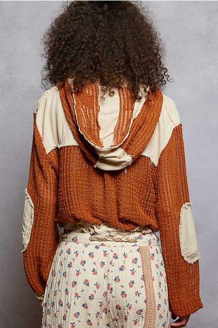 Open Knit Contrast Hooded Shacket with Frayed Edges - POL - RARA Boutique 