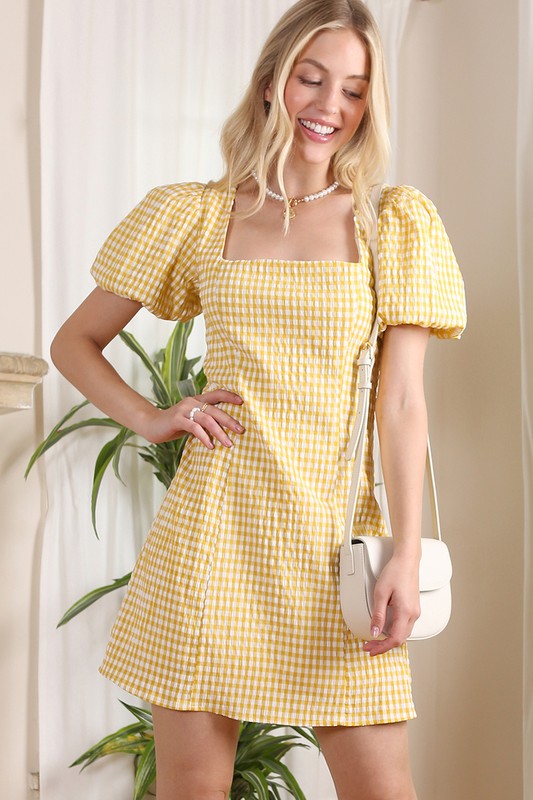 Gingham Back Strap Dress with Puff Sleeve - RARA Boutique 